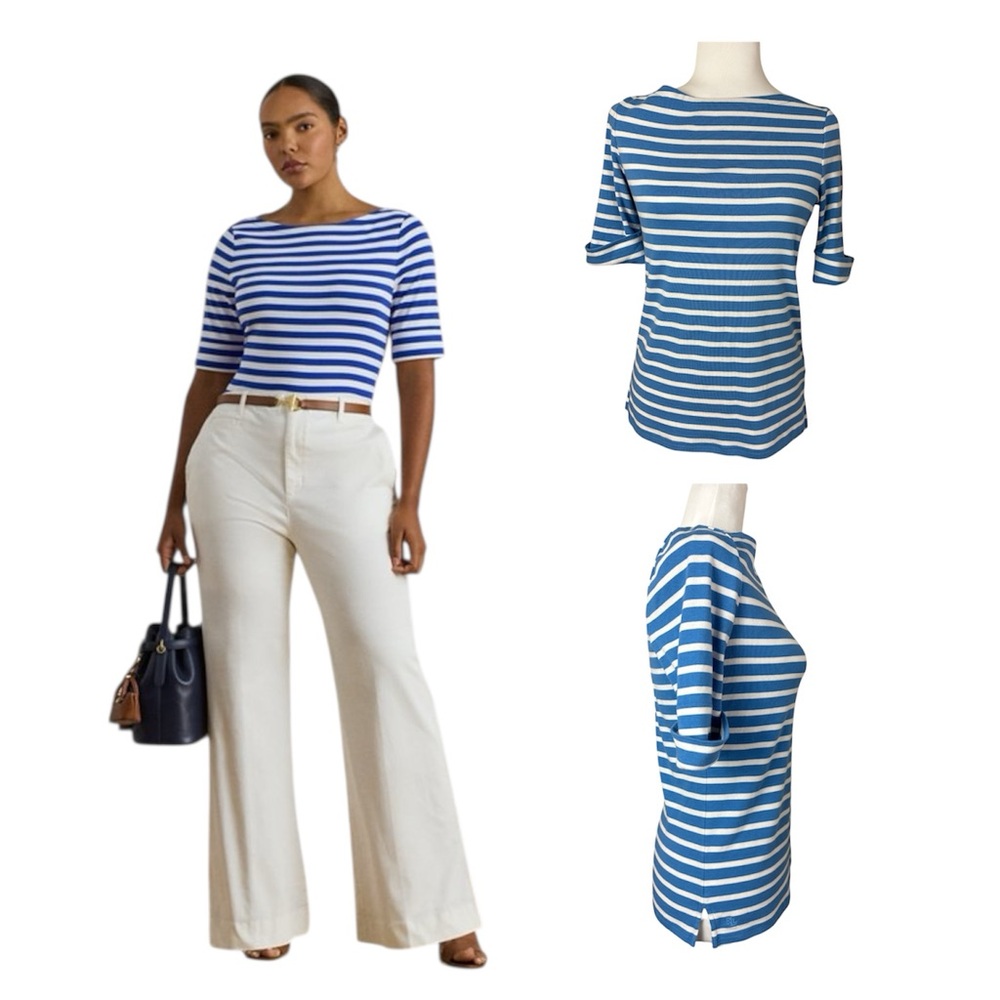 Lauren Ralph Lauren blue and white Striped Stretch Cotton Boatneck Top M - Picture 3 of 15